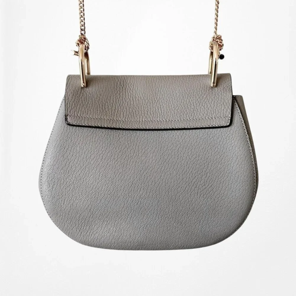 Chloe Drew Gray Gold Hardware Saddle Round Medium Size Leather Crossbody Bag